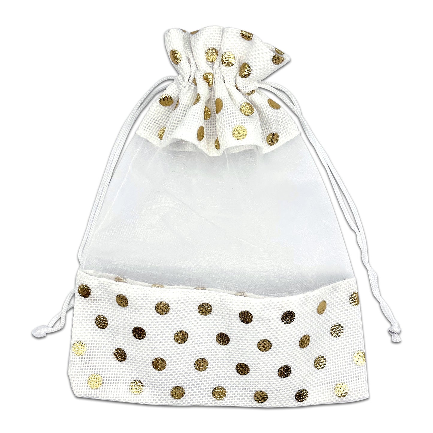 6 1/2" x 8 1/2" White with Gold Polka Dot Linen Burlap and Sheer Organza Gift Bag
