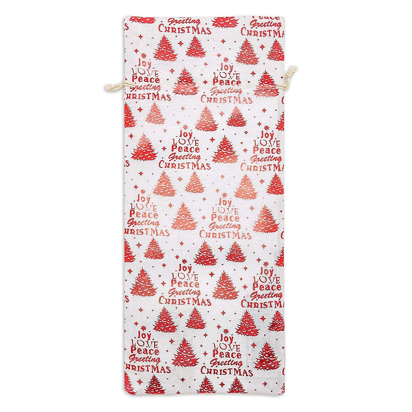 6" x 14" Cotton Muslin Red Christmas Tree Wine Bottle Drawstring Gift Bags