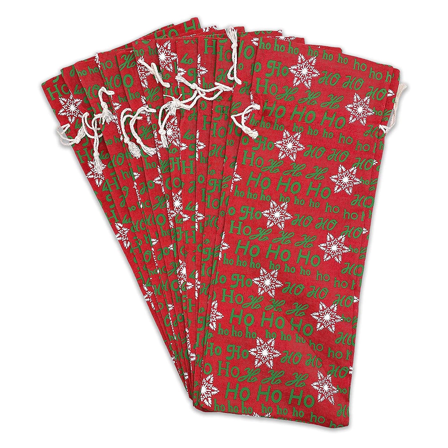 6" x 14" Jute Burlap Red Christmas Ho Ho Ho Wine Bottle Drawstring Gift Bags