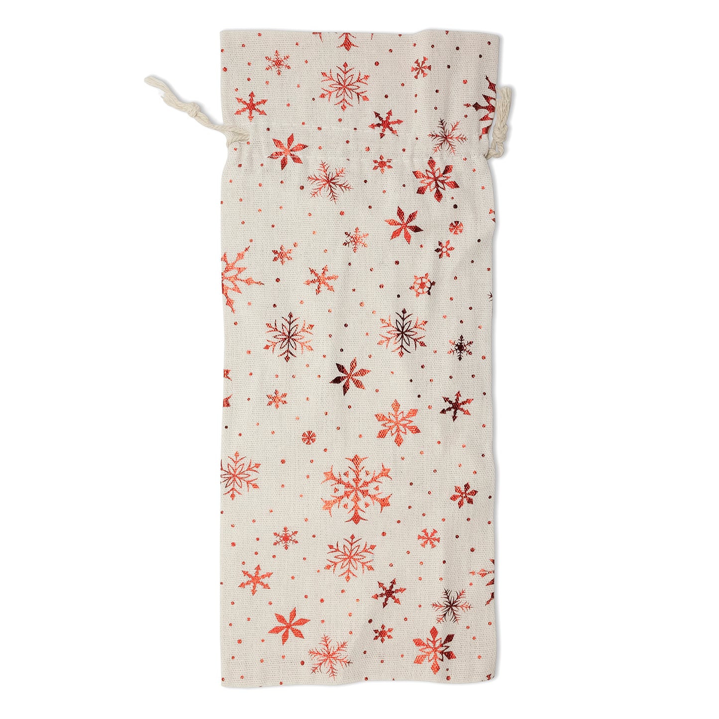 6" x 14" Cotton Muslin Red Snowflake Wine Bottle Drawstring Gift Bags
