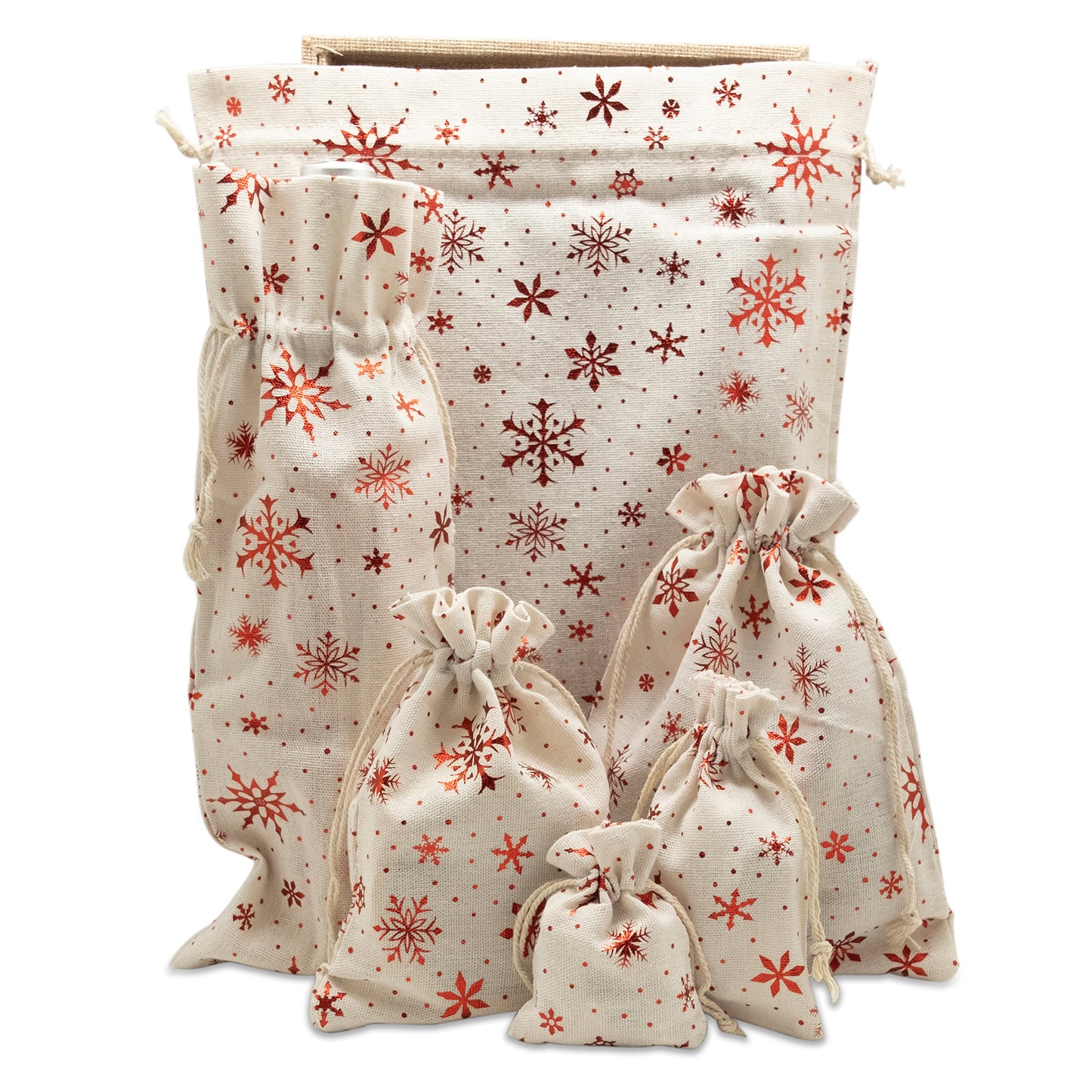 6" x 14" Cotton Muslin Red Snowflake Wine Bottle Drawstring Gift Bags