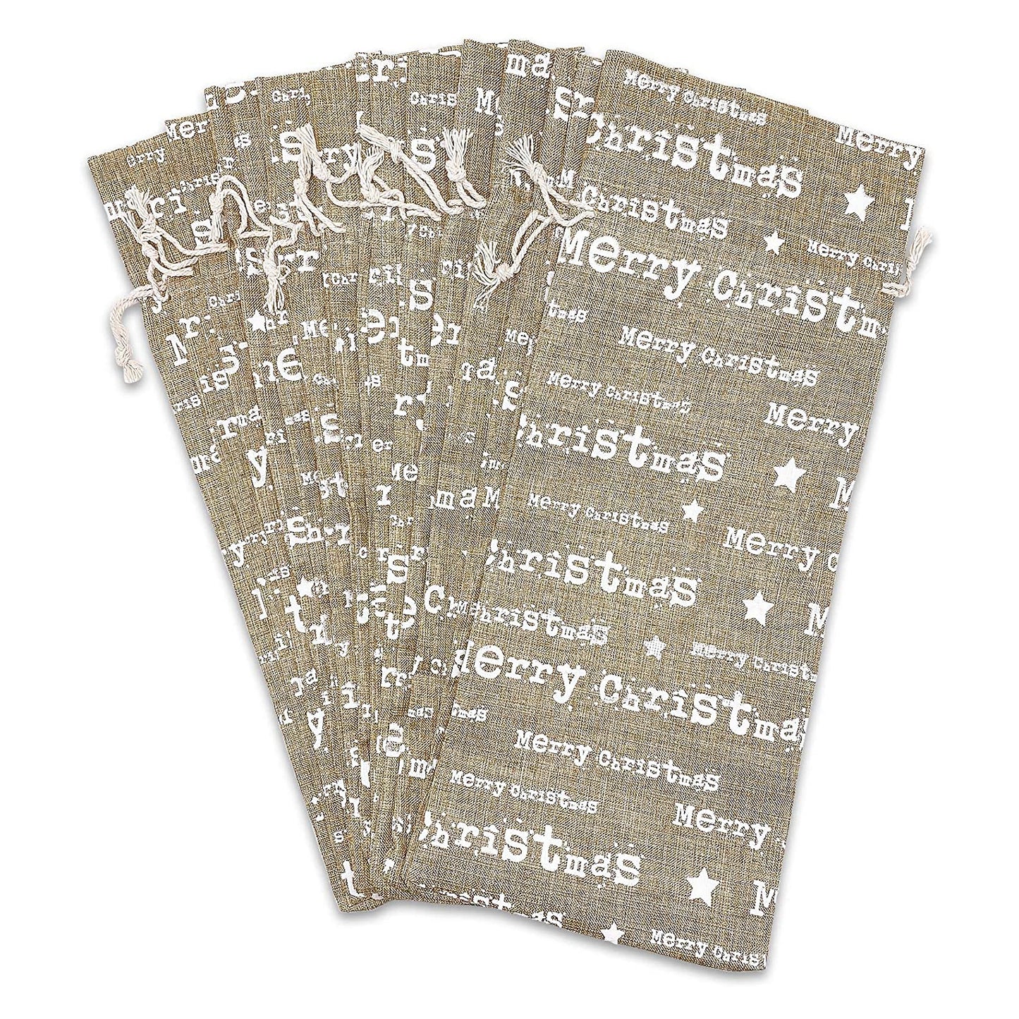 6" x 14" Jute Burlap White Merry Christmas Wine Bottle Drawstring Gift Bags