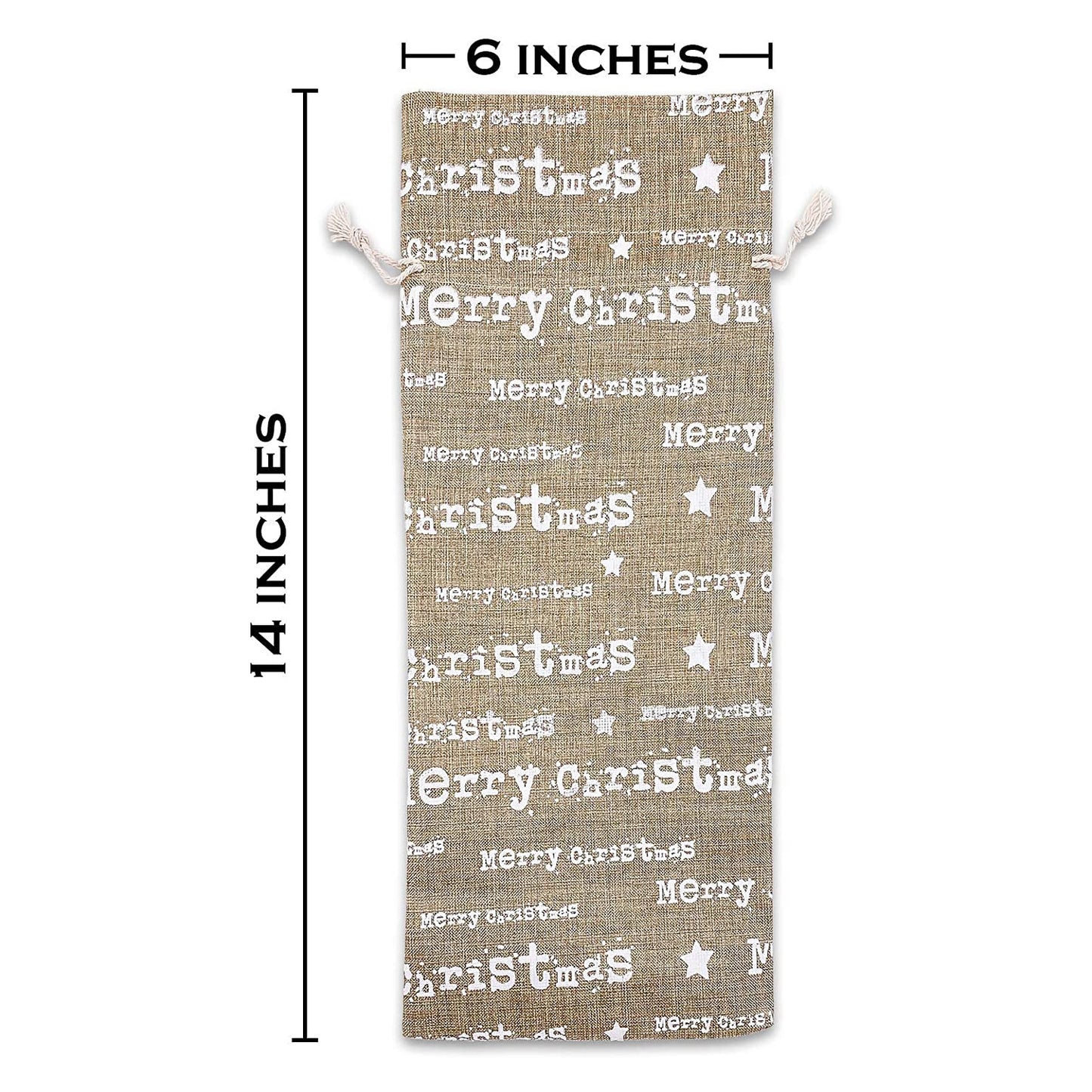 6" x 14" Jute Burlap White Merry Christmas Wine Bottle Drawstring Gift Bags