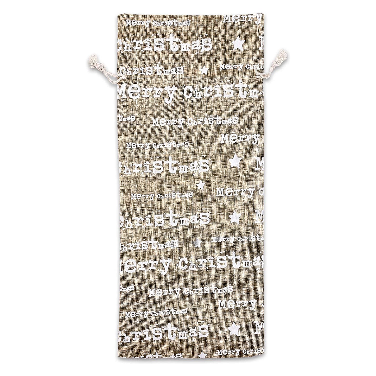 6" x 14" Jute Burlap White Merry Christmas Wine Bottle Drawstring Gift Bags