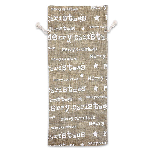 6" x 14" Jute Burlap White Merry Christmas Wine Bottle Drawstring Gift Bags