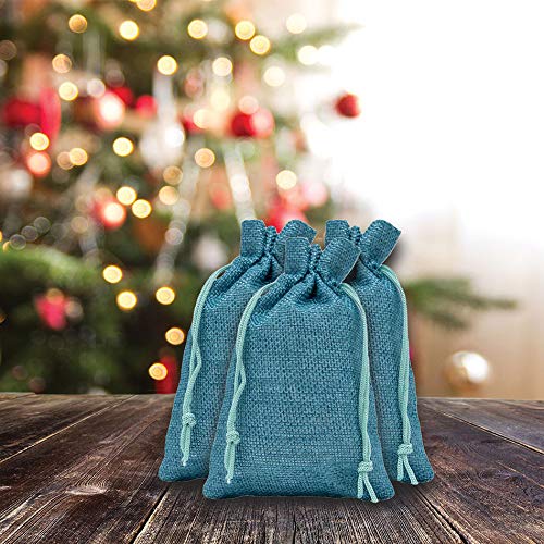 8" x 10" Teal Blue Linen Burlap Drawstring Gift Bags