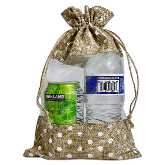 7 1/2" x 11 1/2" Beige with Silver Polka Dot Linen Burlap and Sheer Organza Gift Bag