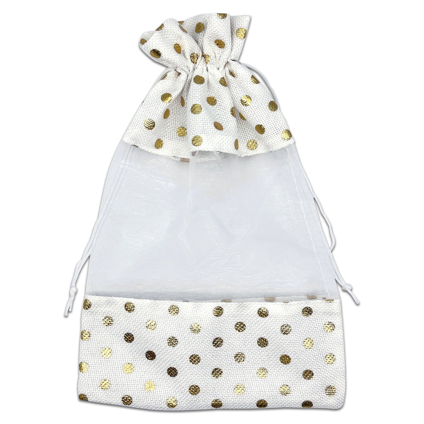 7 1/2" x 11 1/2" White with Gold Polka Dot Linen Burlap and Sheer Organza Gift Bag