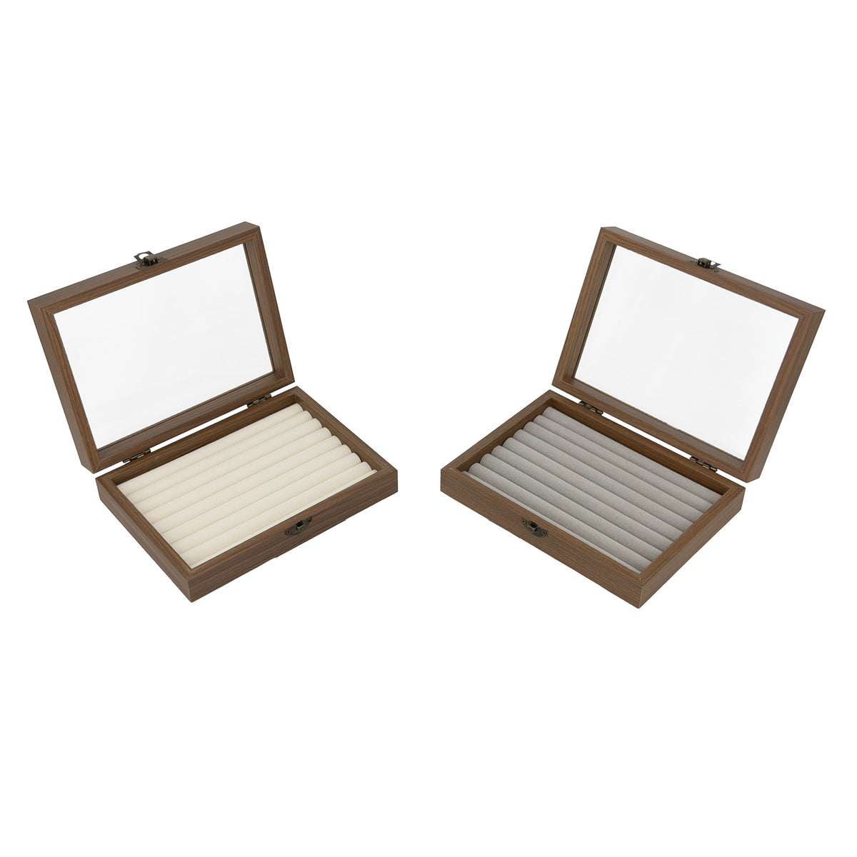 7 7/8" x 6" Dark Oak Finish Gray Velvet 8 Row Ring Display Case with Glass Top