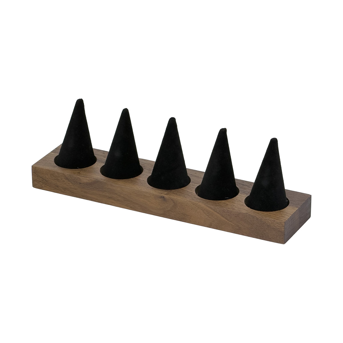 8" x 2 3/4" Black Velvet Walnut Base 5 Finger Ring Display