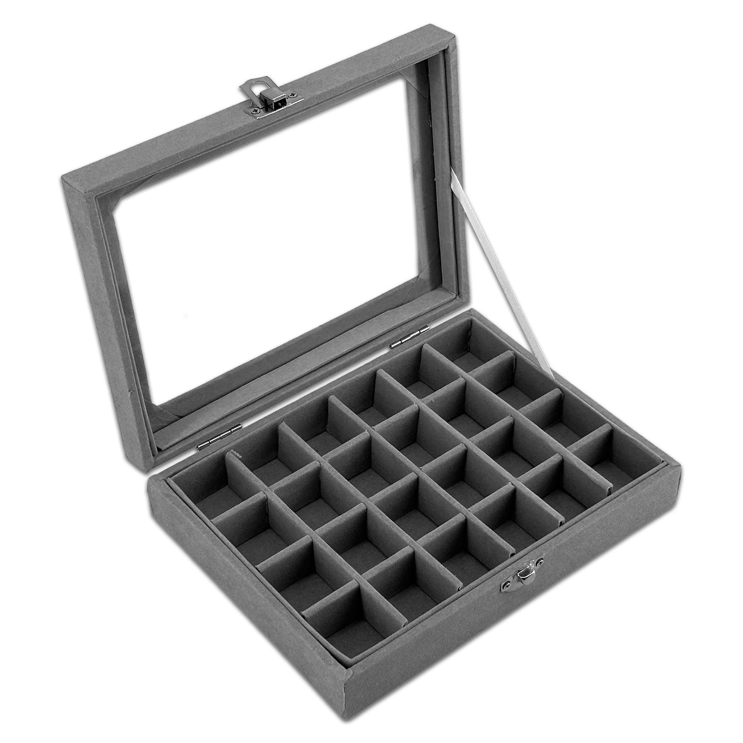 8" x 6" Gray Velvet 24 Compartment Display Case with Glass Top