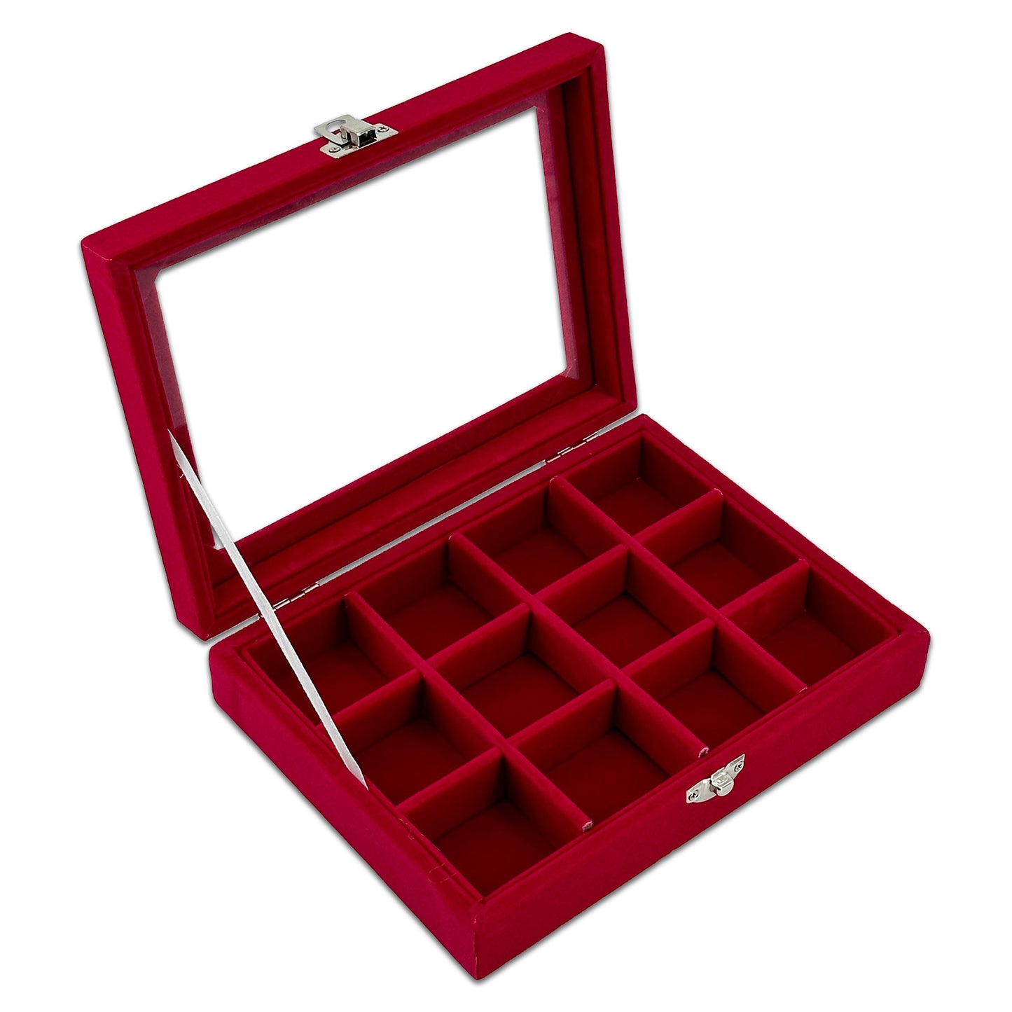 8" x 6" Red Velvet 12 Compartment Display Case with Glass Top