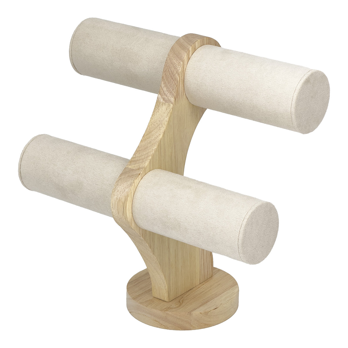 9 1/4" x 9 1/4" Beige Velvet Natural Wood 2-Tier Round Bar Bracelet Display