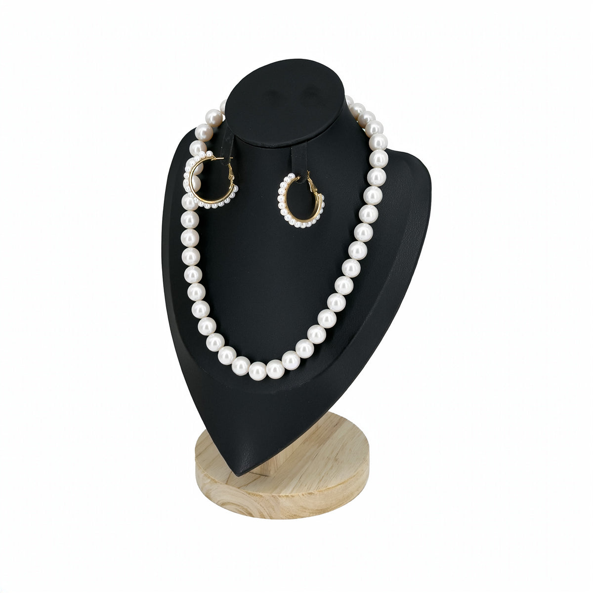 9 3/4" Black Leatherette Wood Base Necklace and Earring Bust Display