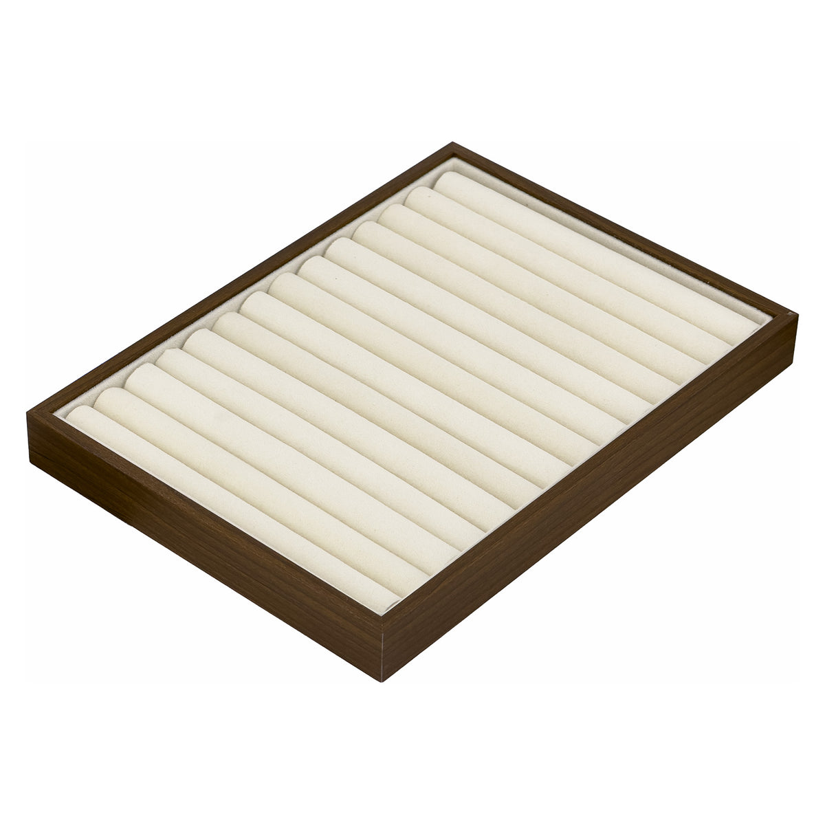 9 3/4" x 7" Beige Velvet 13 Row Ring Display Tray with Walnut Wood Print