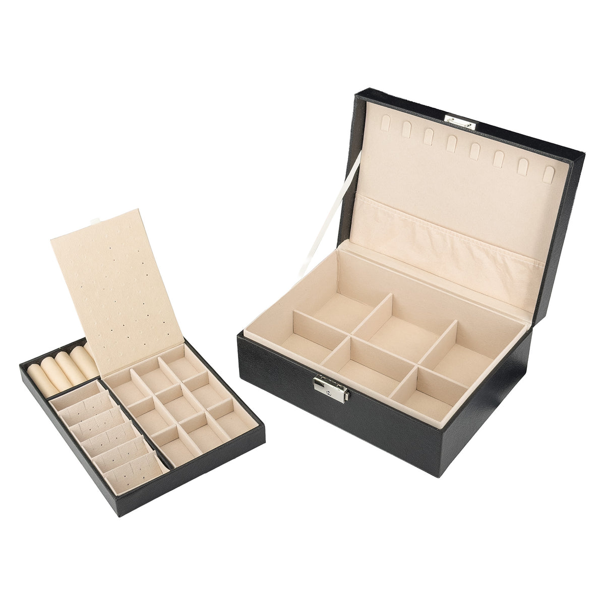 9" x 6 3/4" Black Leatherette Ivory Velvet 2-Layer Jewelry Organizer Box