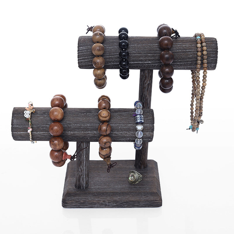 2 Tier Black Wood Round T-Bar Bracelet Jewelry Display