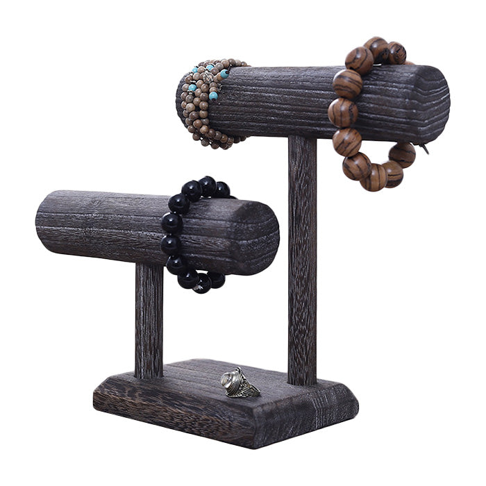 2 Tier Black Wood Round T-Bar Bracelet Jewelry Display
