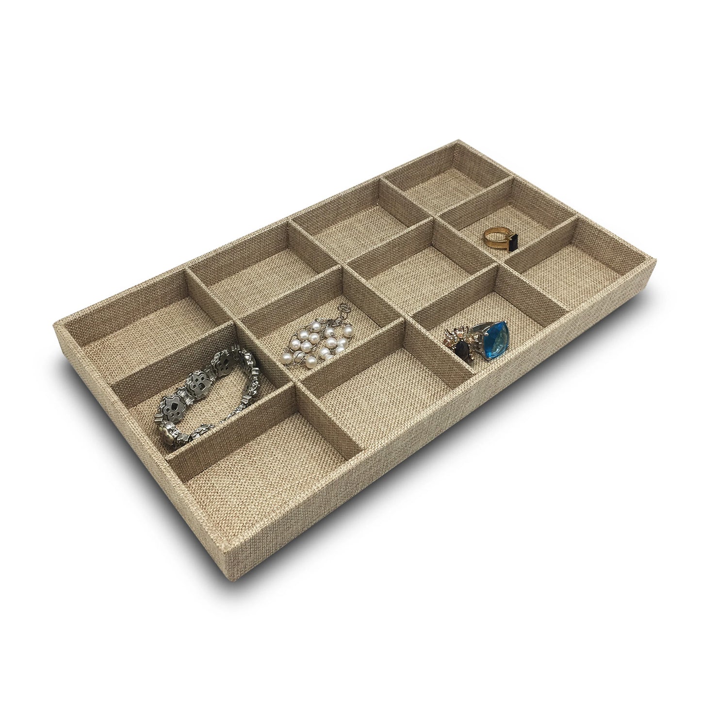 Deluxe Burlap 12 Compartment Stackable Jewelry Tray