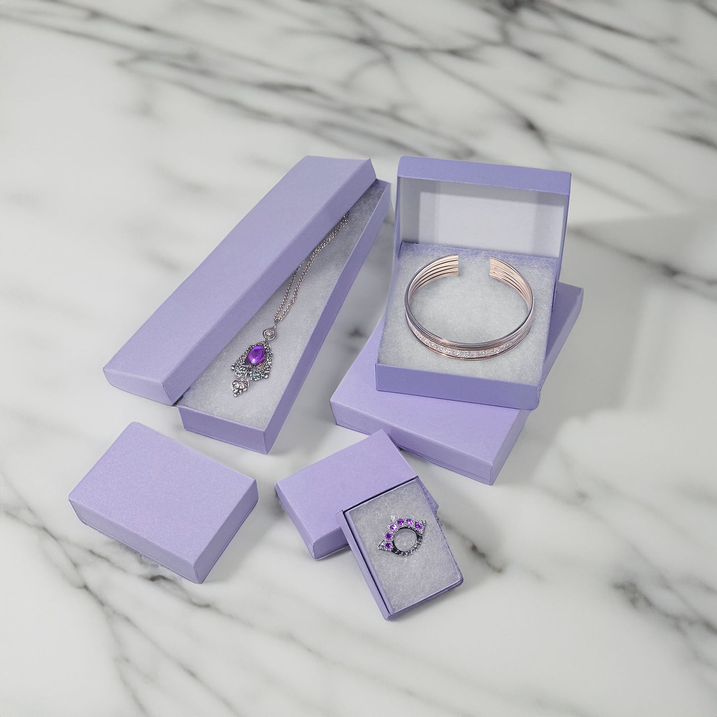 5 7/16" x 3 15/16" x 1" Light Lavender Cotton Filled Paper Box