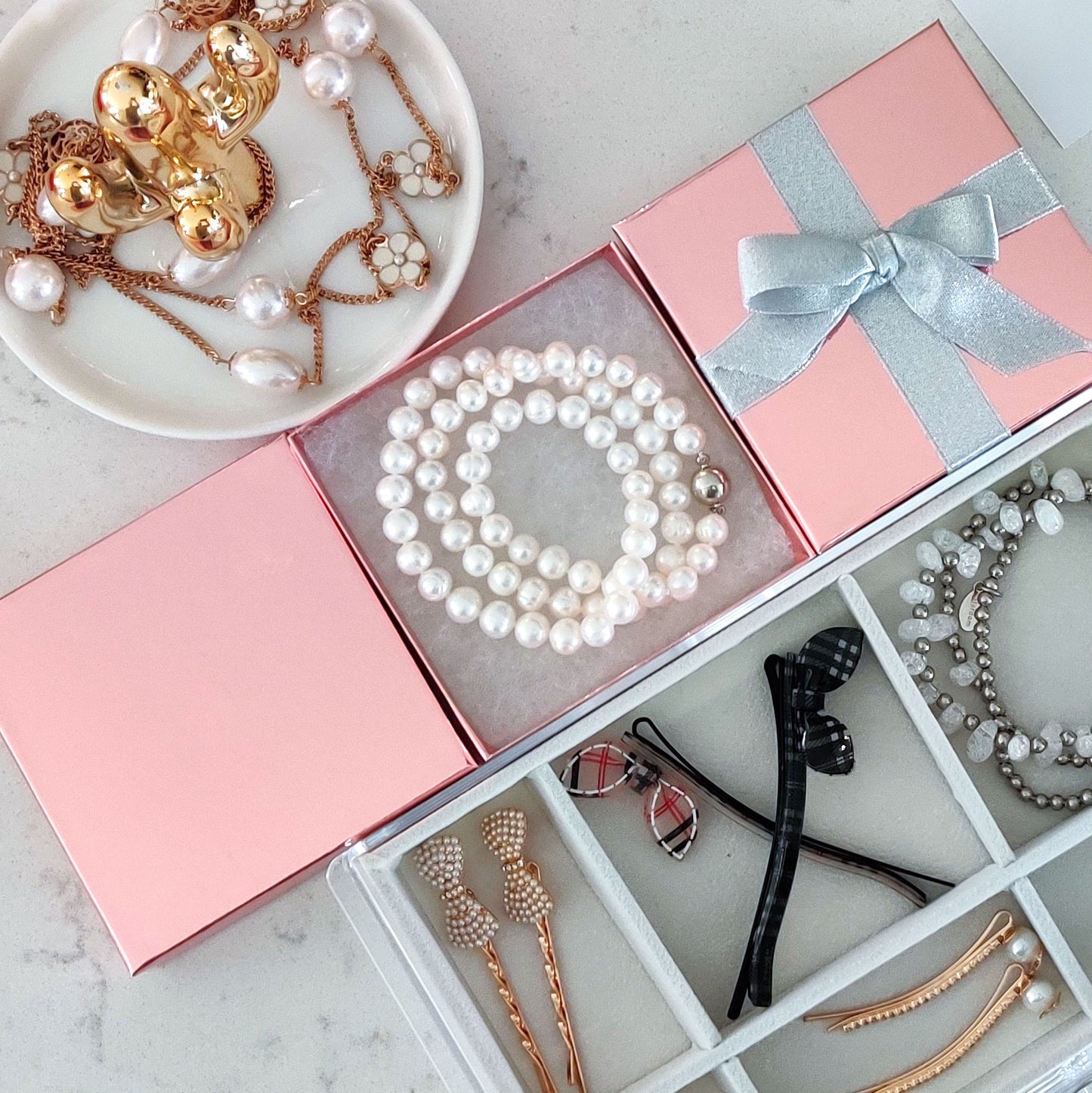 3 1/4" x 2 1/4" x 1" Metallic Rose Gold Cotton Filled Paper Box