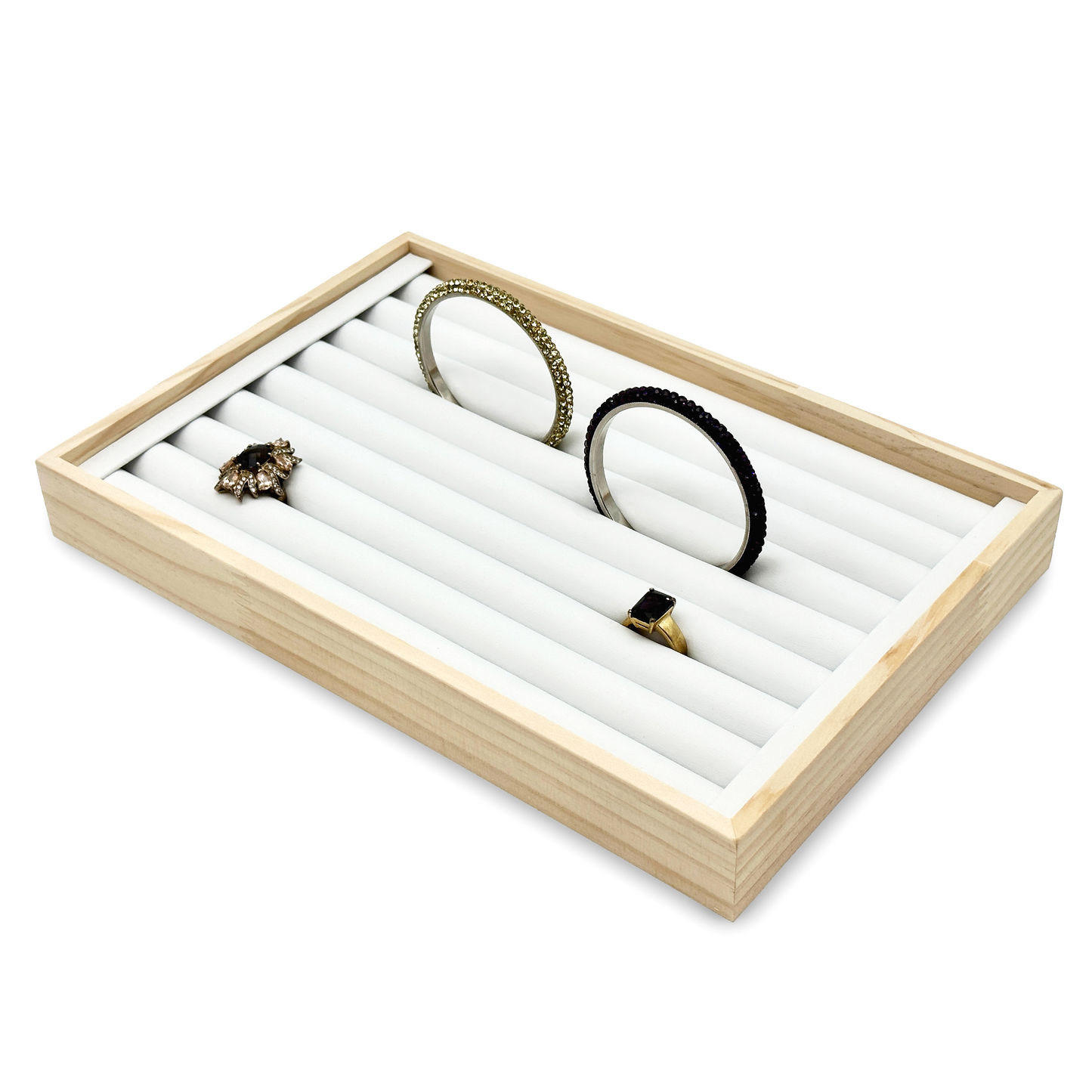 11 3/4" x 7 3/4" Wood White Leatherette 9 Roll Ring Display Tray