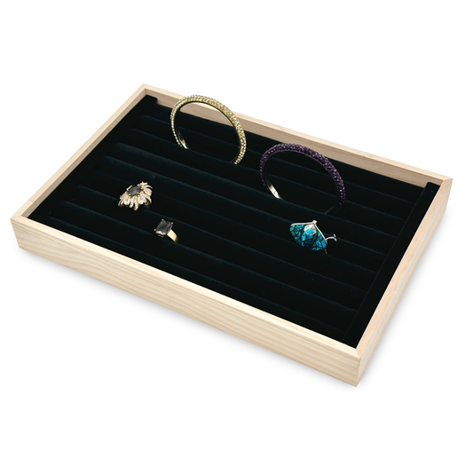 11 3/4" x 7 3/4" Wood Black Velvet 9 Roll Ring Display Tray