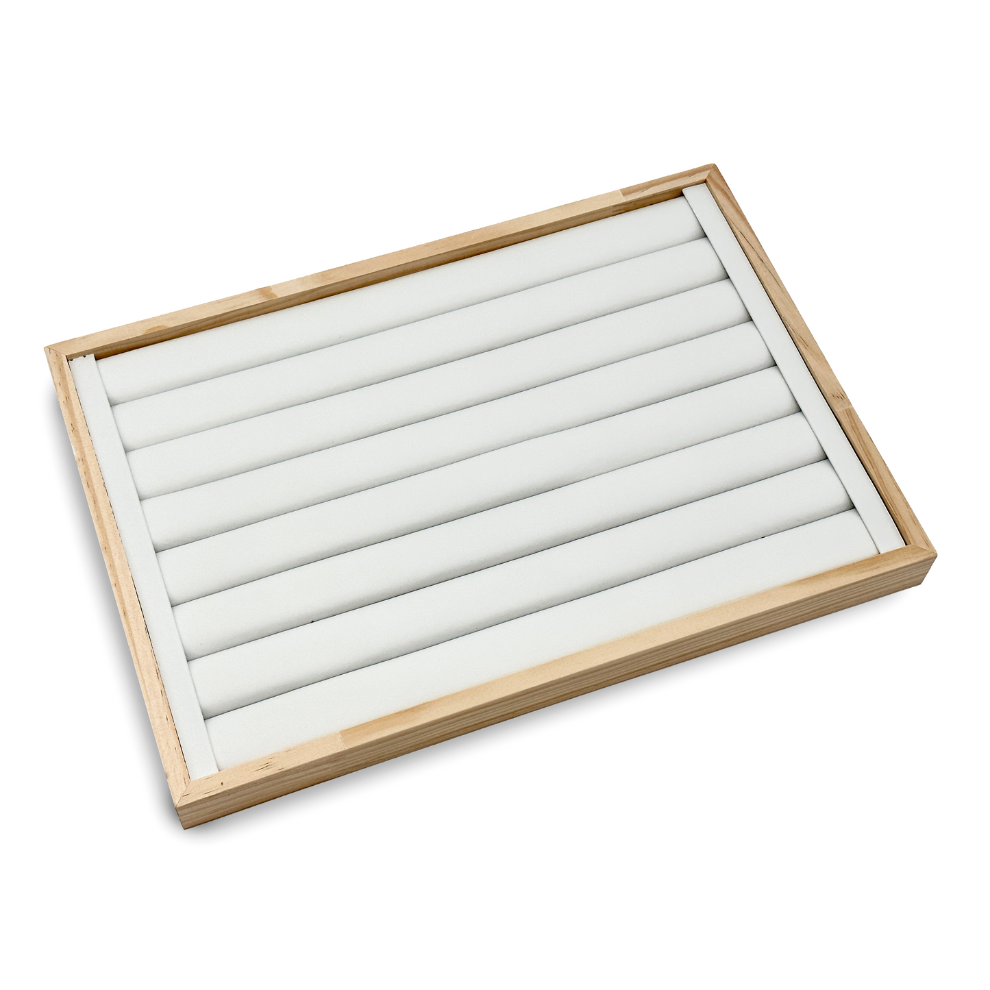 14" x 9 1/2" Wood White Leatherette 8 Roll Ring Display Tray