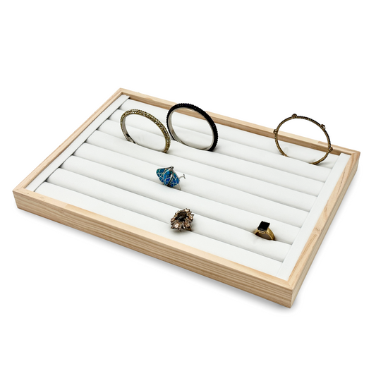 14" x 9 1/2" Wood White Leatherette 8 Roll Ring Display Tray