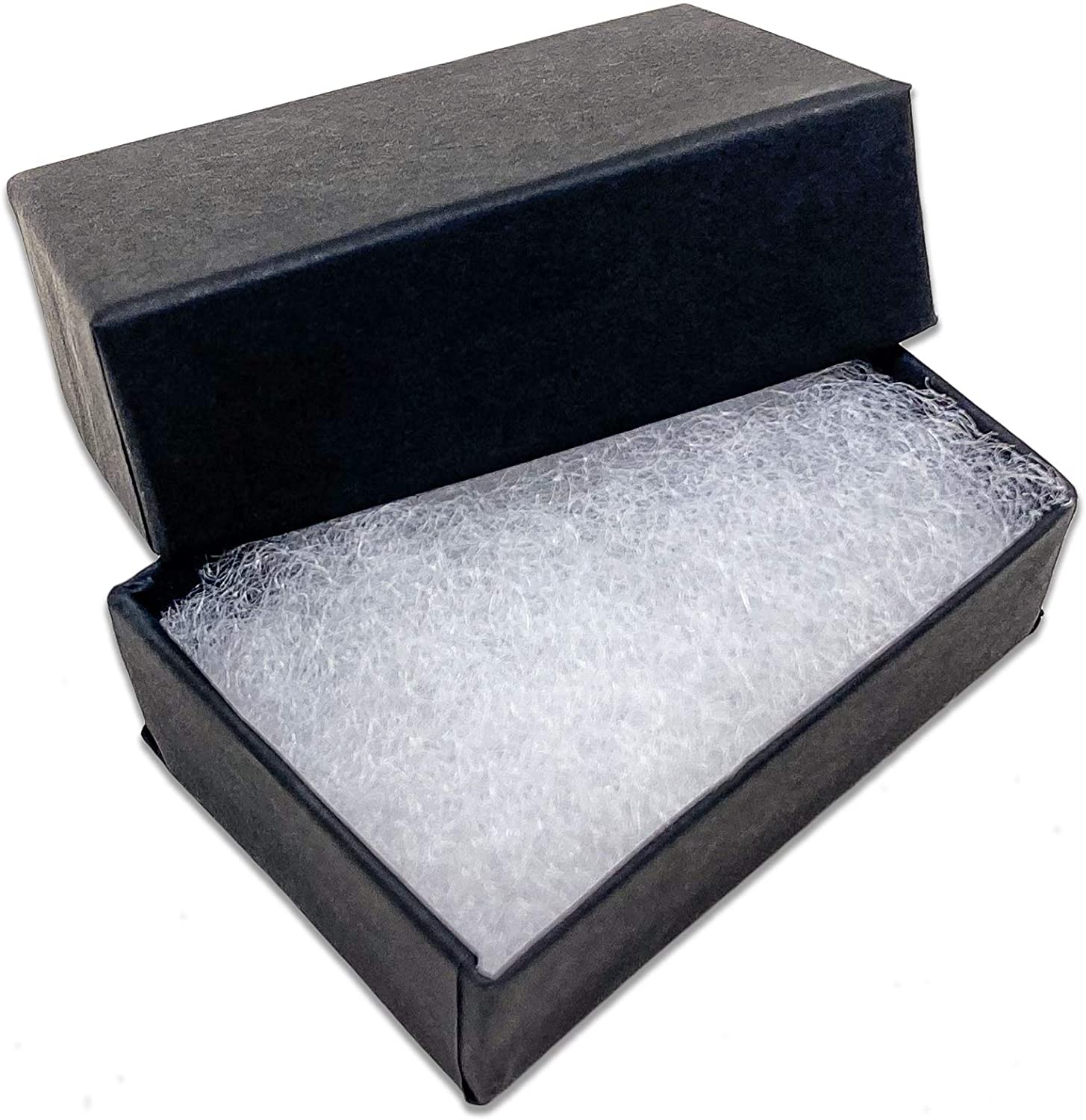 A black cardboard jewelry box with the lid opened revealing cotton filling inside the box.