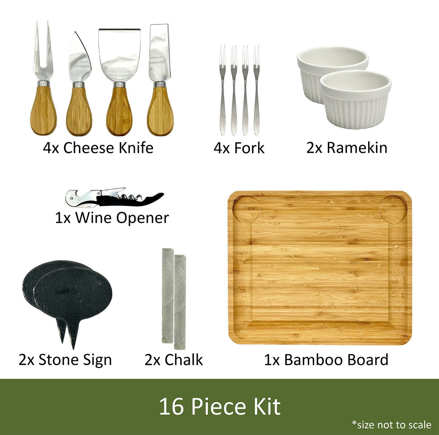 15" x 13" Natural Bamboo Charcuterie Board 16-Piece Set