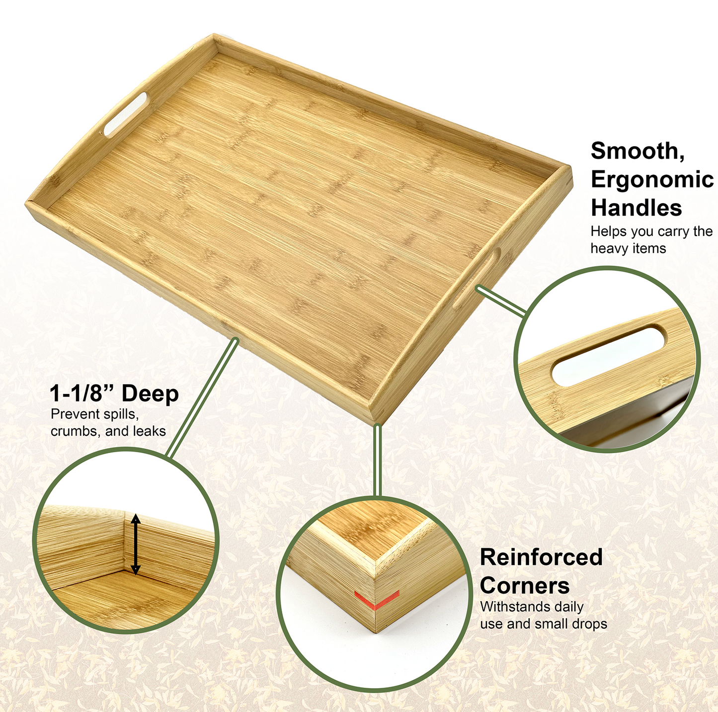 17.75" x 13" Natural Bamboo Large Serving Tray with Handles