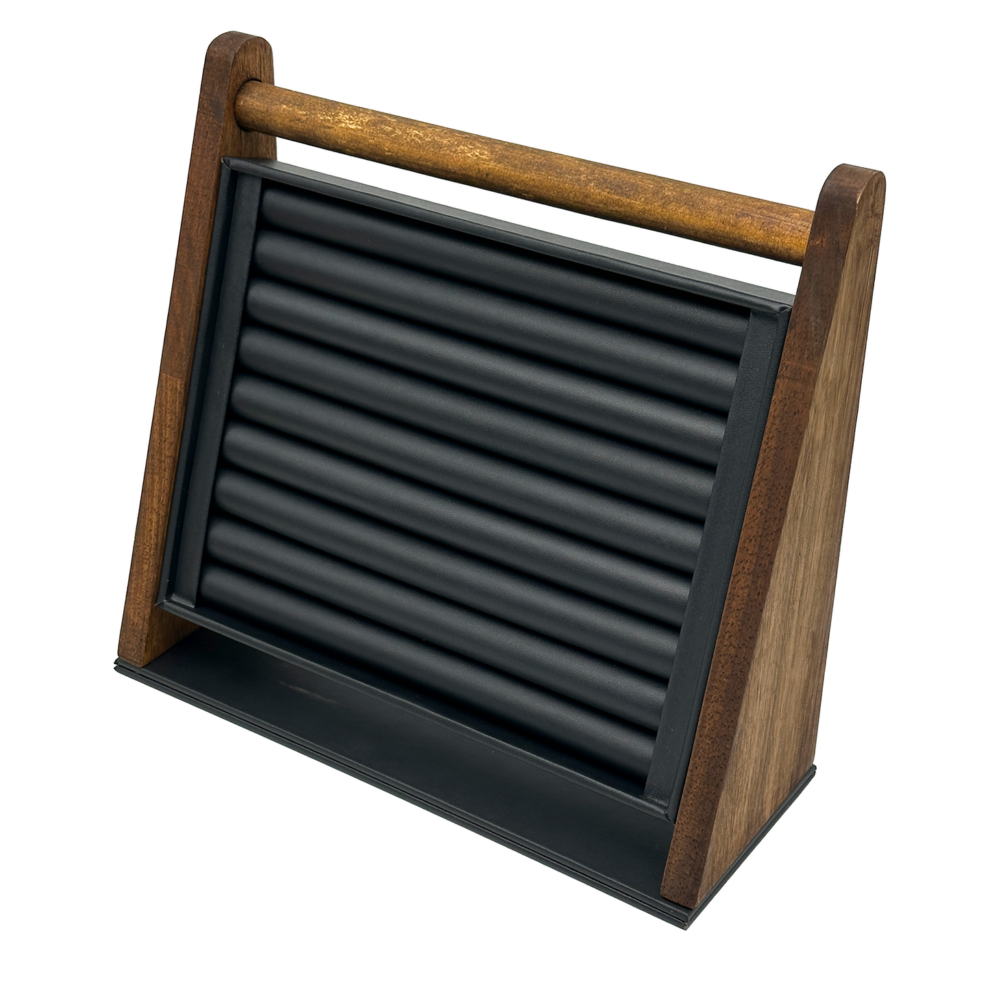 Dark Oak Wood and Black Leatherette Ring Jewelry Display