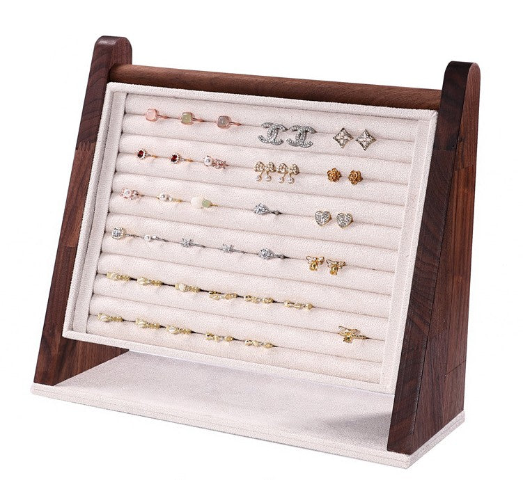 Dark Walnut Wood and Cream Microfiber Ring Jewelry Display Stand