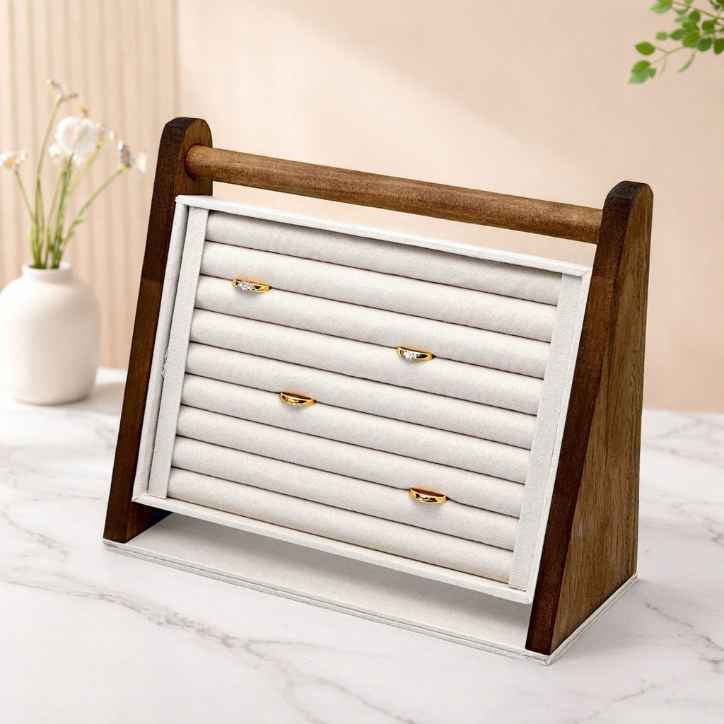 Dark Oak Wood and Cream Microfiber Ring Jewelry Display Stand