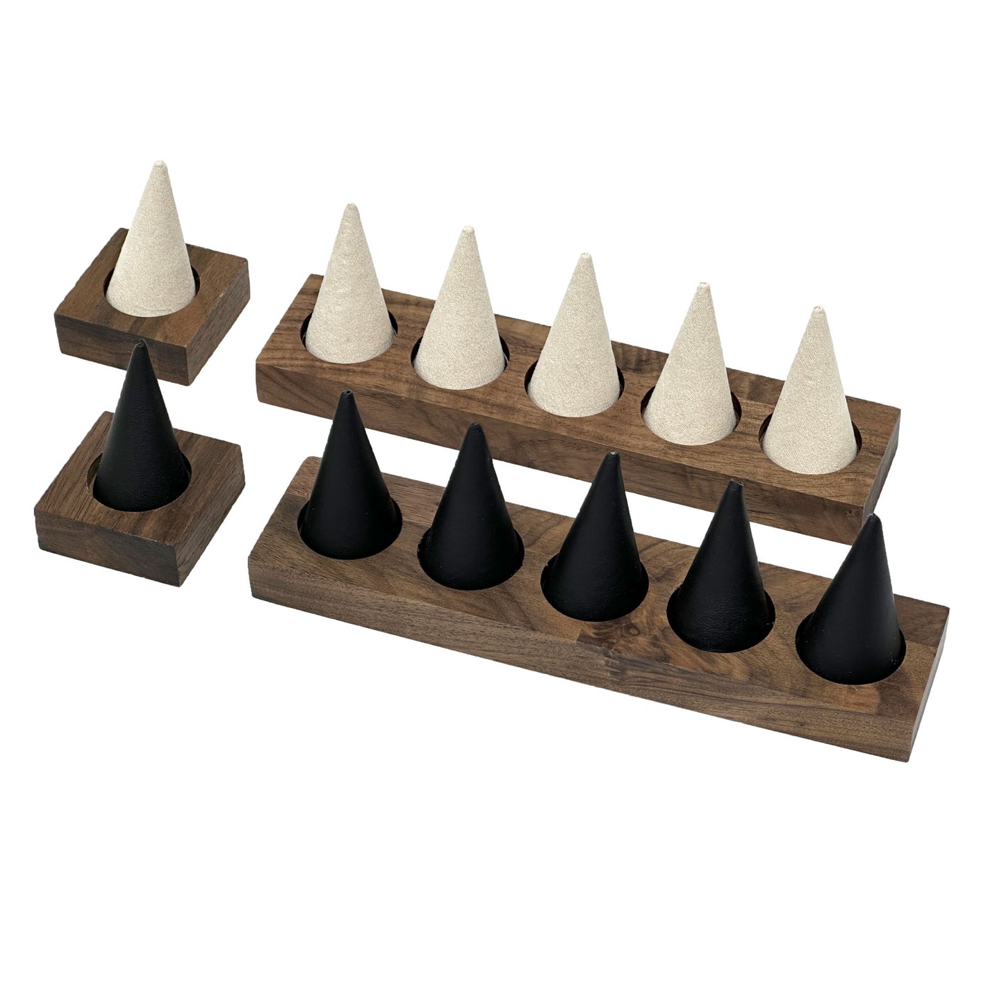 5 Finger Cream Microfiber Walnut Base Ring Display