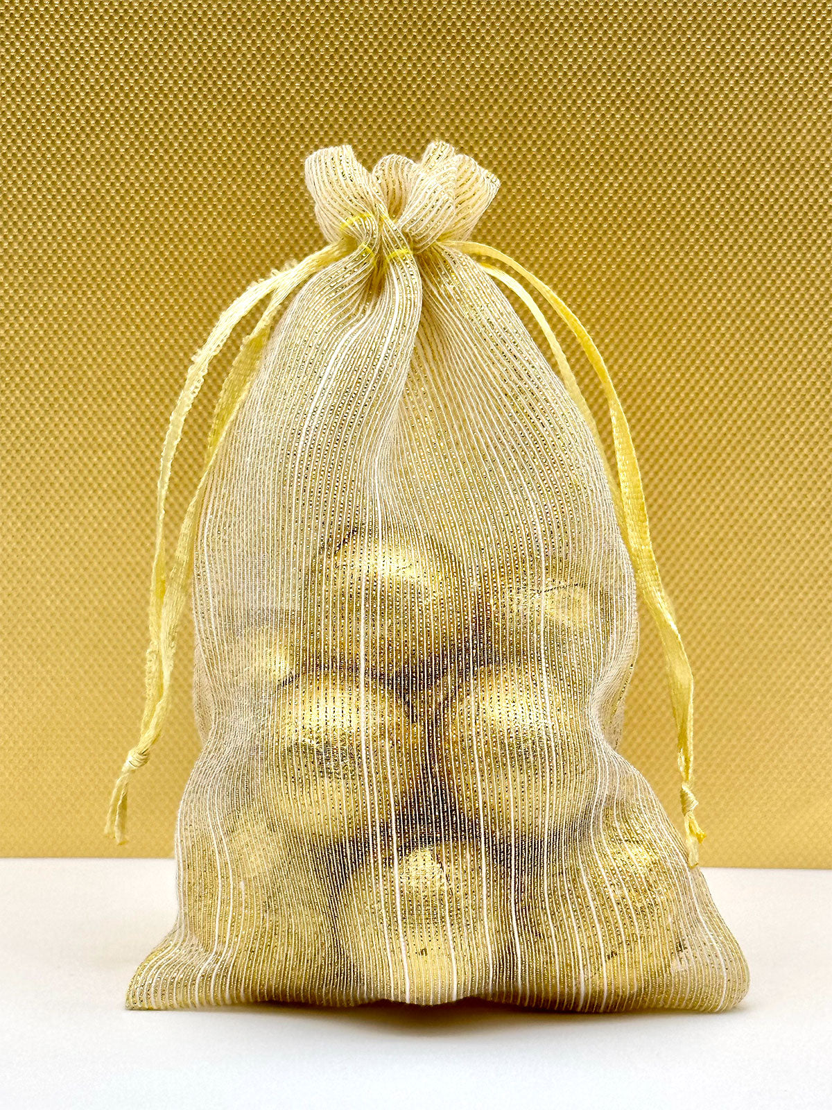 96-Pack Gold Striped Weave Organza Drawstring Pouch Gift Bags