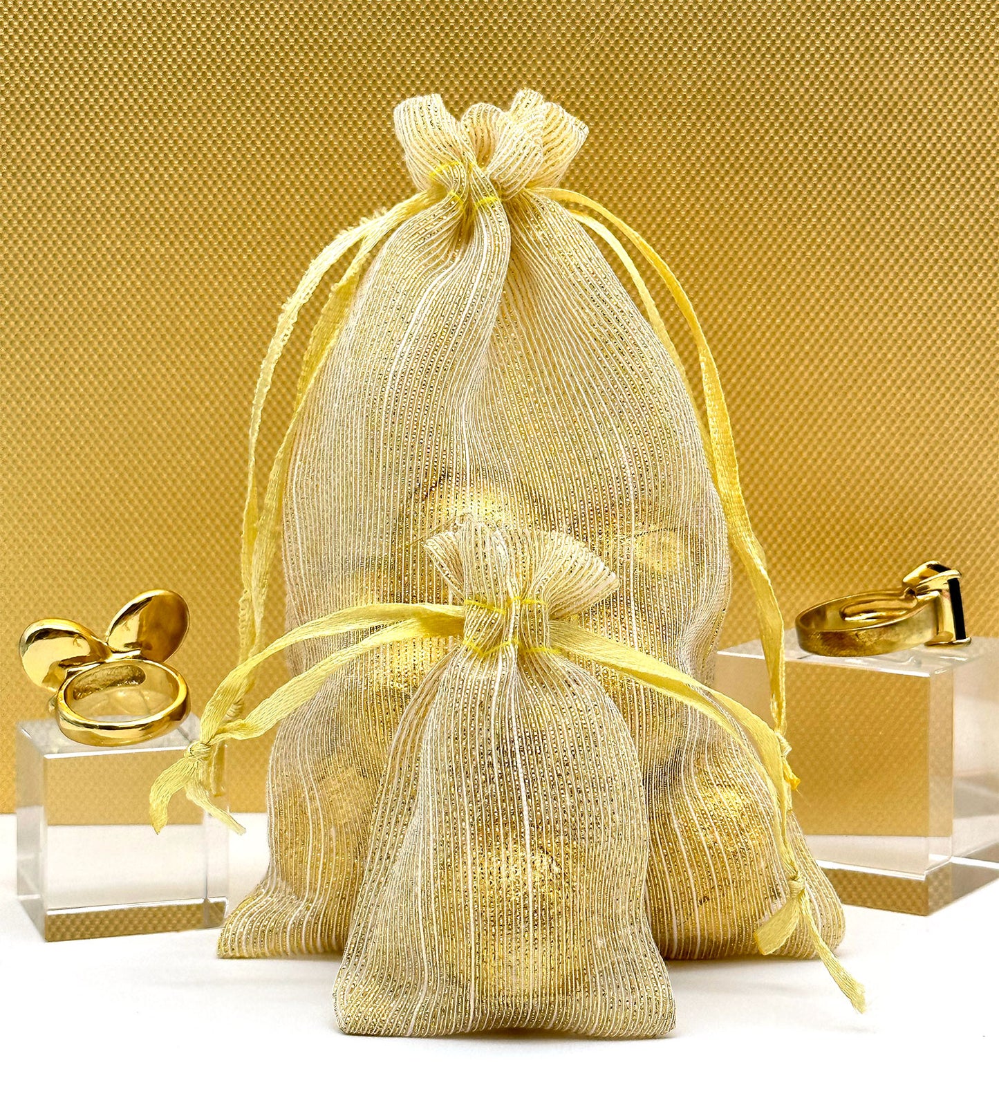 96-Pack Gold Striped Weave Organza Drawstring Pouch Gift Bags