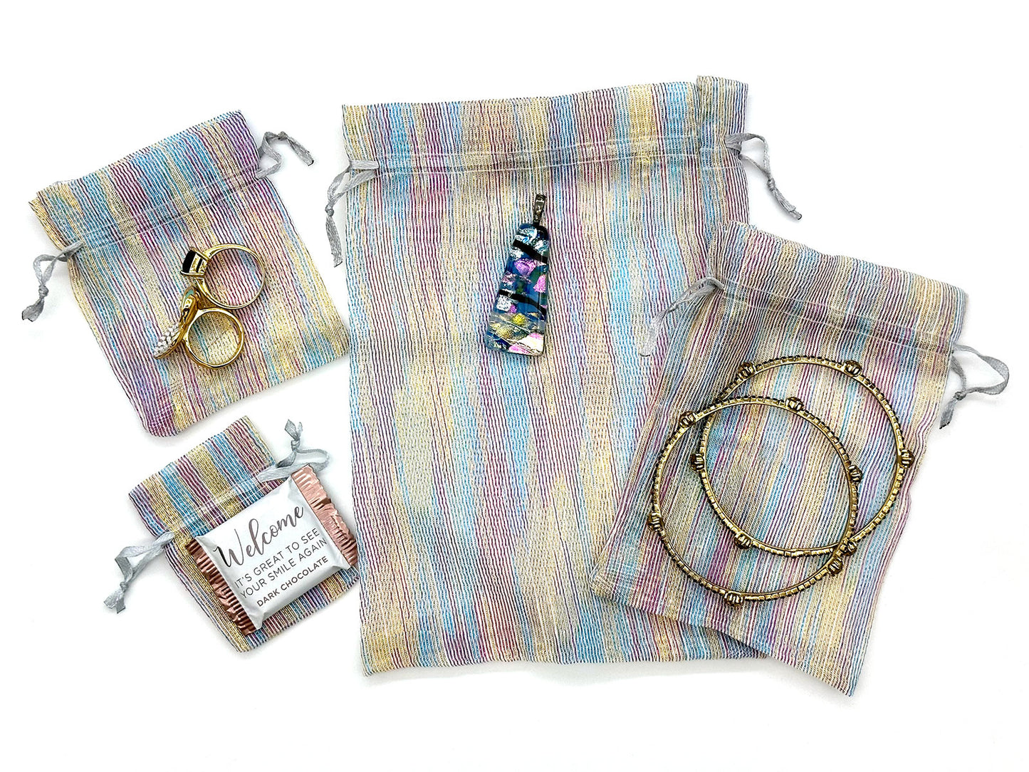 96-Pack Iridescent Striped Weave Organza Drawstring Pouch Gift Bags