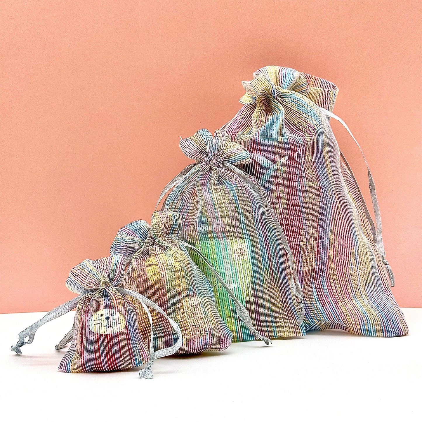 96-Pack Iridescent Striped Weave Organza Drawstring Pouch Gift Bags
