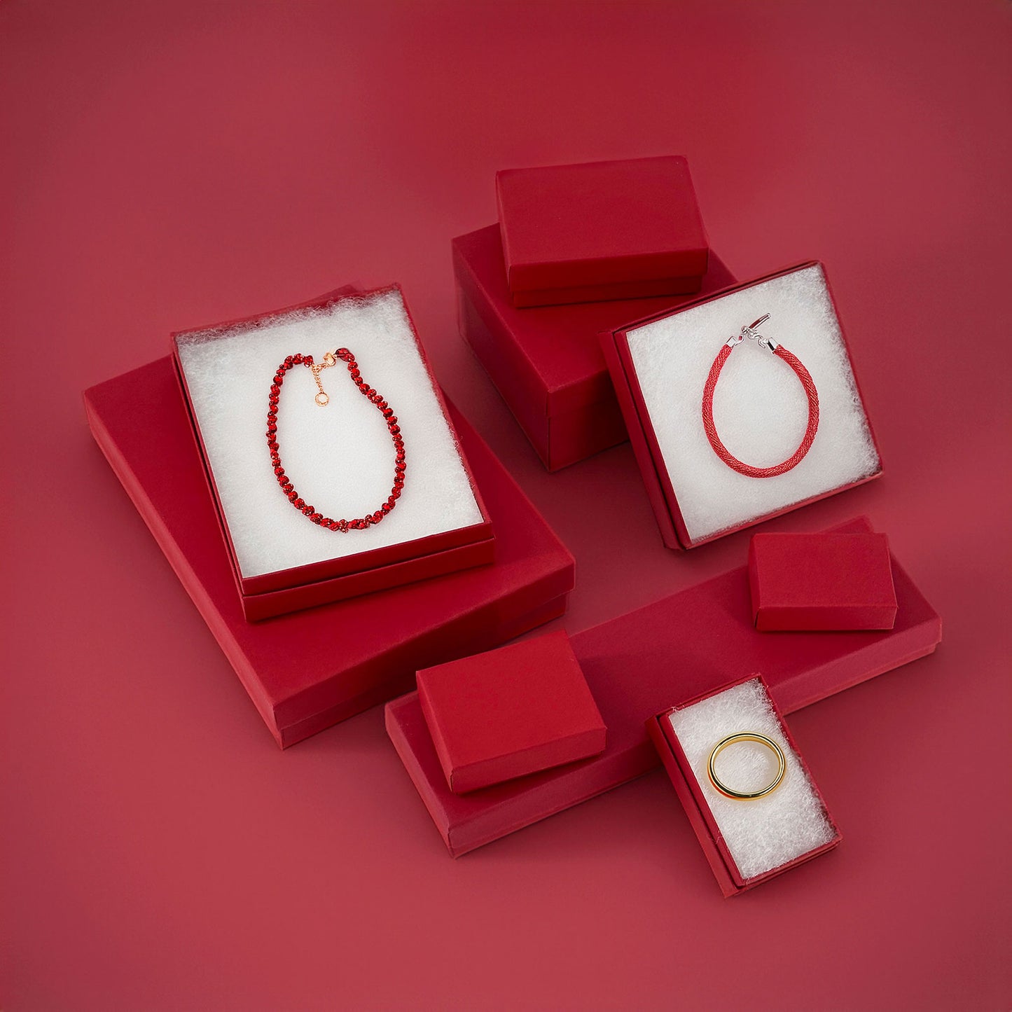 2 5/8" x 1 5/8" x 1" Matte Red Cotton Filled Paper Box