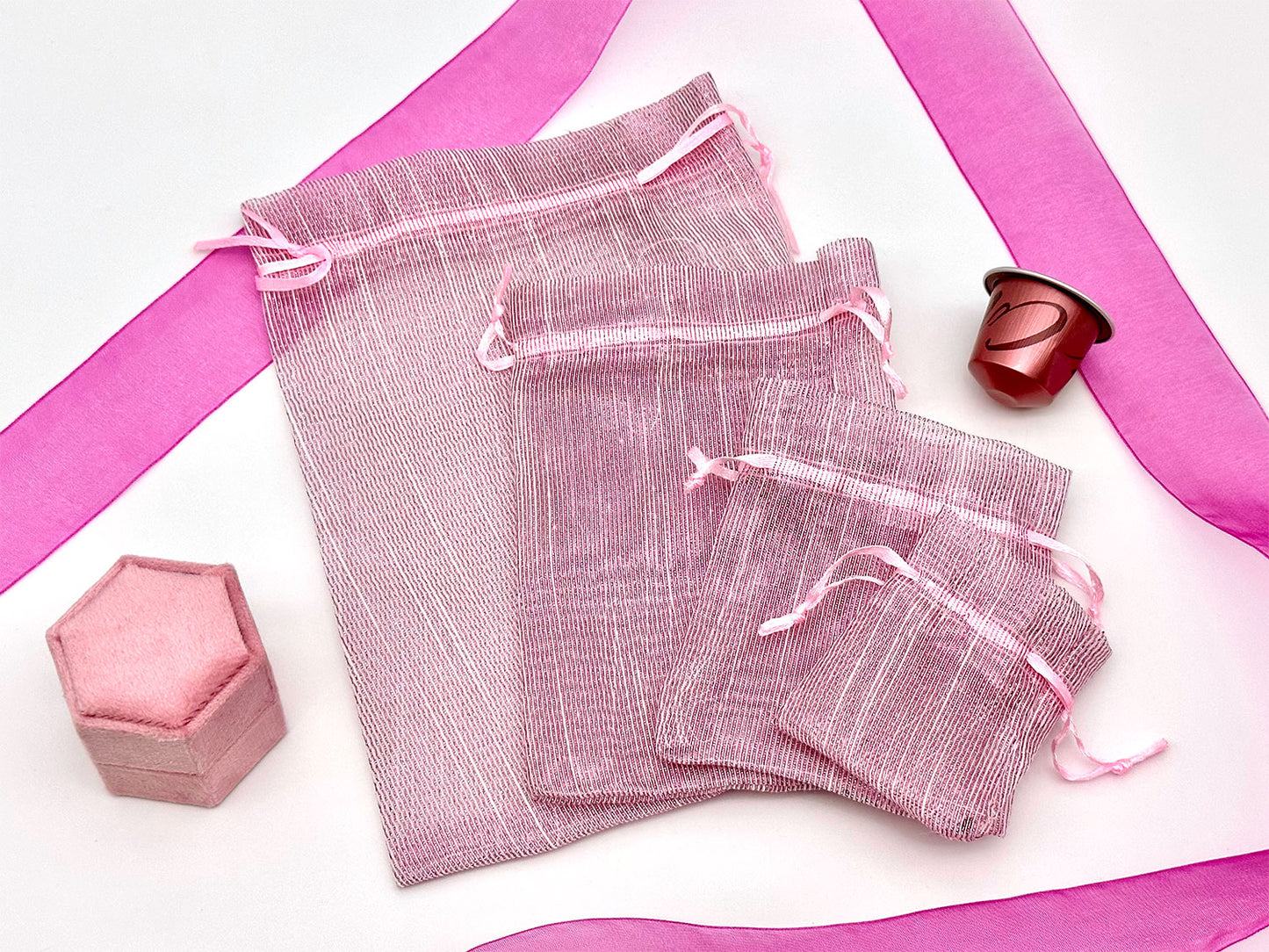 96-Pack Pink Striped Weave Organza Drawstring Pouch Gift Bags