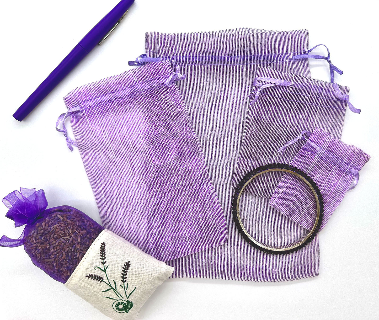 96-Pack Purple Striped Weave Organza Drawstring Pouch Gift Bags