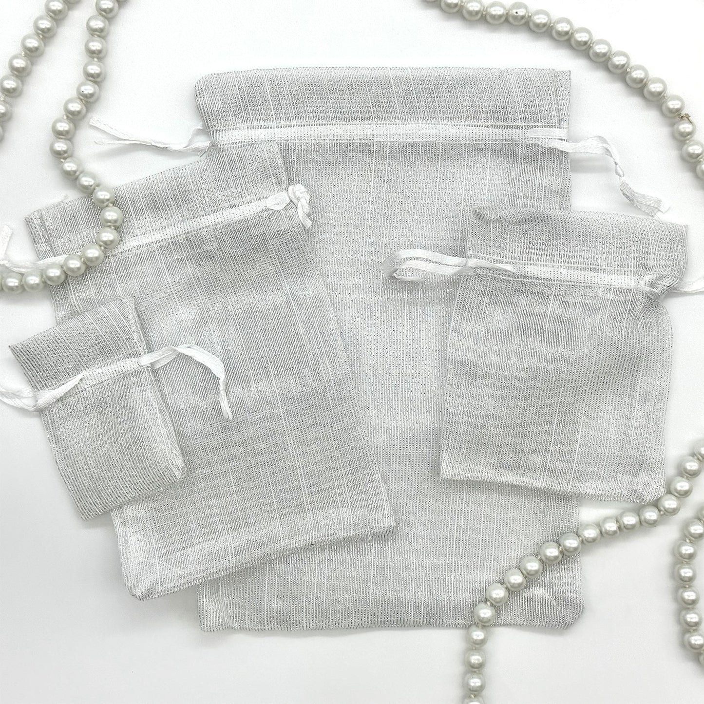 96-Pack Silver Striped Weave Organza Drawstring Pouch Gift Bags