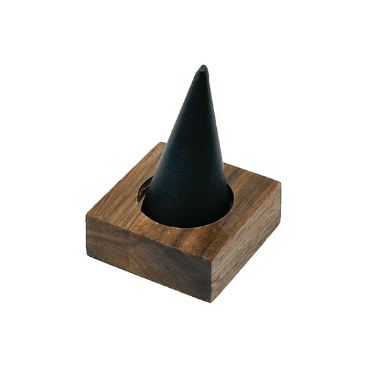 Single Finger Black Leatherette Walnut Base Ring Display