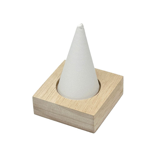 Single Finger White Leatherette and Wood Ring Display