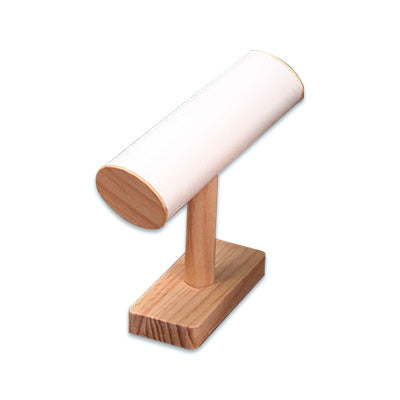 White Leatherette Natural Wood Single Row Oval T-Bar Jewelry Display