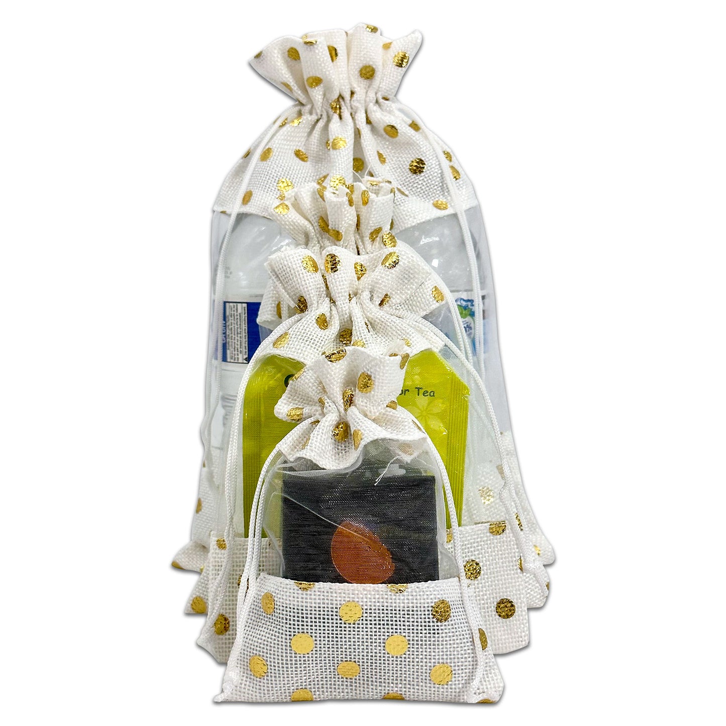 7 1/2" x 11 1/2" White with Gold Polka Dot Linen Burlap and Sheer Organza Gift Bag