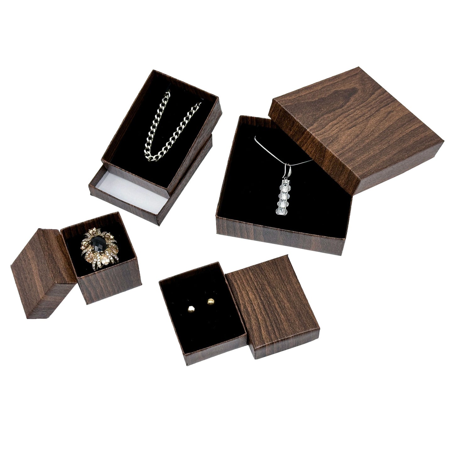 1 9/16" x 1 9/16" Wood Grain Pattern Paper Ring Box with Black Foam Insert