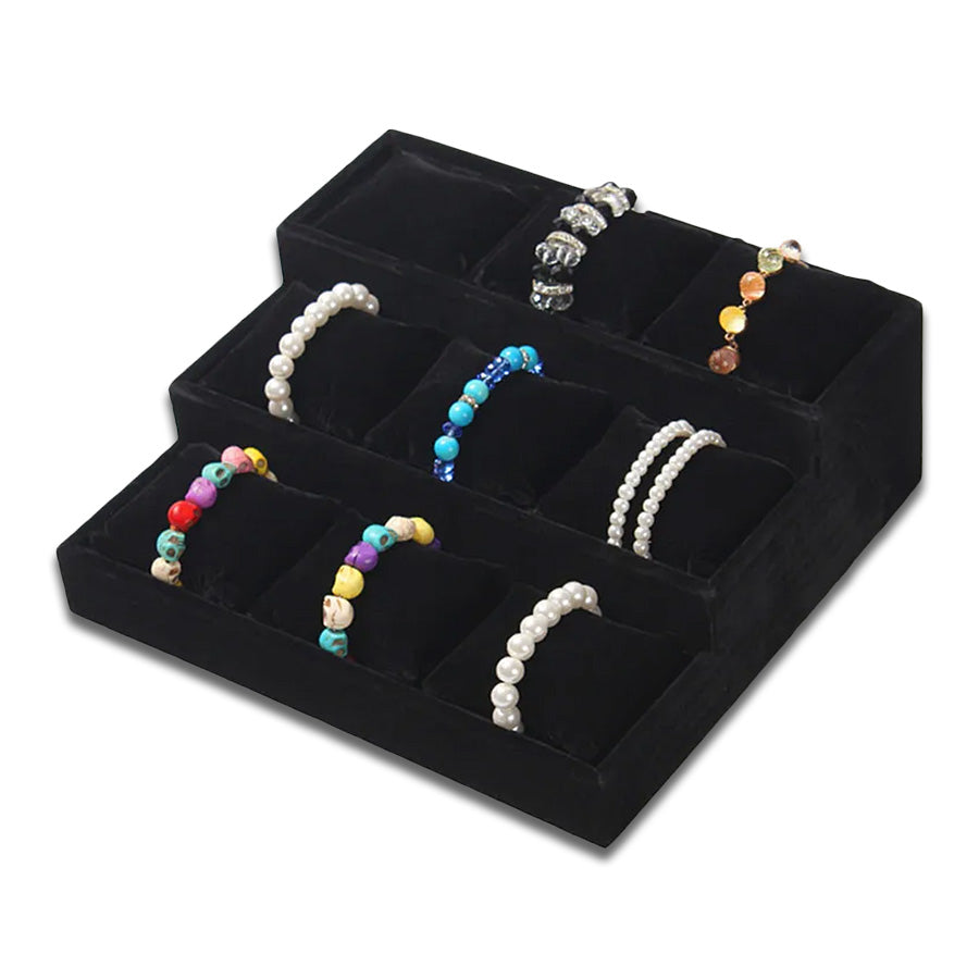 10 1/2" x 9 1/4" Wood Tray with 9 Black Velvet Jewelry Display Pillows